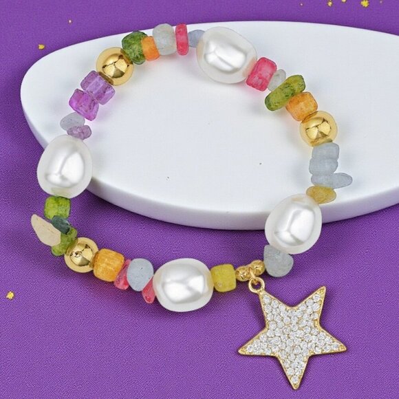 π Y2K Style Colorful Gemstone Bracelet W/ Zirconia Star Charm Stainless Steel - Picture 1 of 13